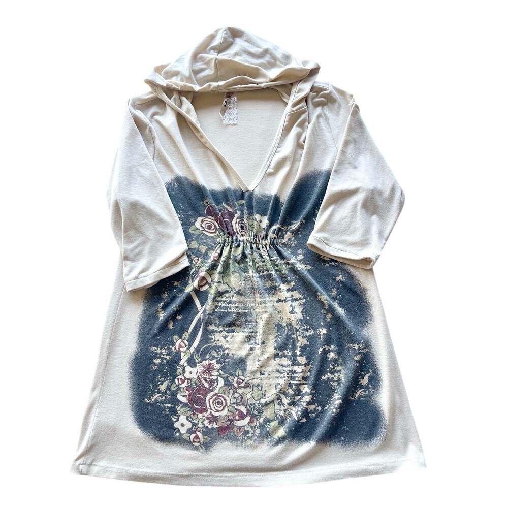 Vintage Kika Graphic Floral Print Hooded Tunic Top